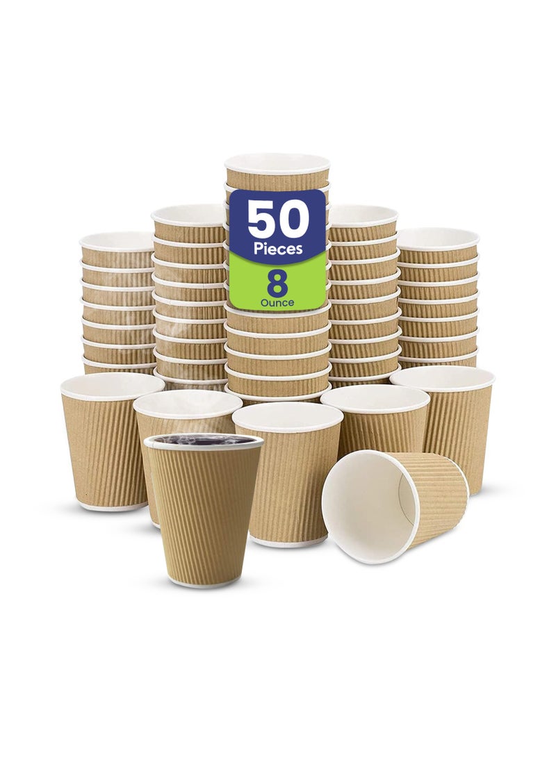 SNH Packing 8 Oz (Pack of 50) Brown Ripple Disposable Cups - 3 Layered Corrugated Paper Cups - Disposable Coffee Cup for Hot & Cold Drinks - Perfect for Events & Parties - Image 1